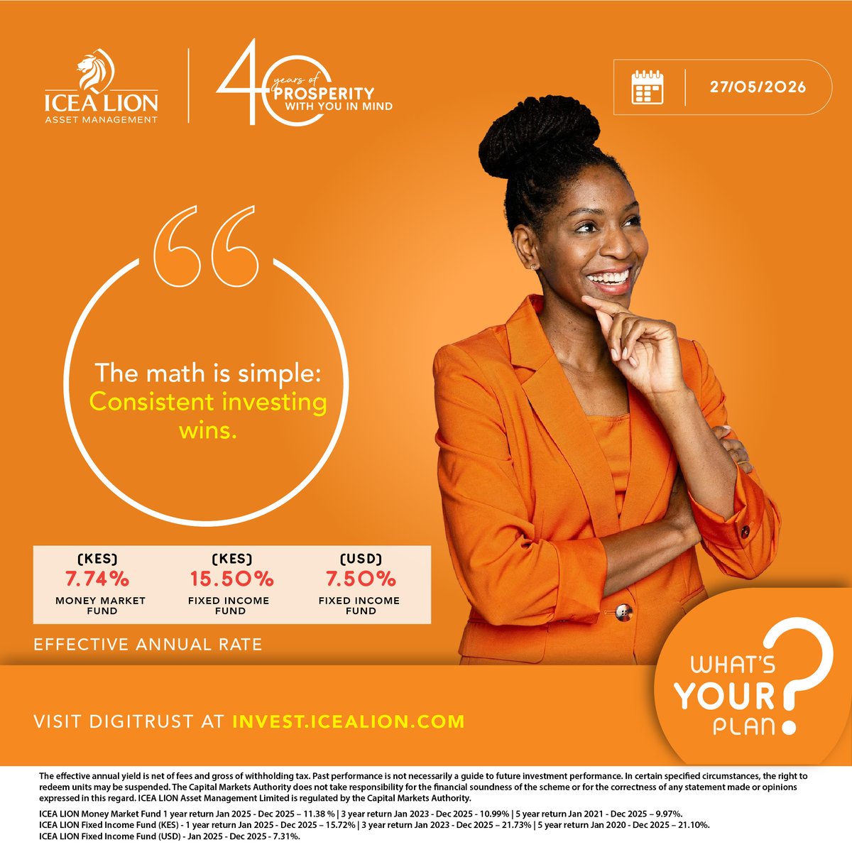 ICEALIONInvest's tweet photo. Last Friday of the month!

Kabla uanze weekend, kumbuka kusave kwanza!

Market trends will always have their ups and downs, but the formula for building wealth remains unchanged: consistency + time + competitive yields.

Start your fixed income fund here: https://t.co/SWzpPoP6Dy https://t.co/Q1z7KtU2g7