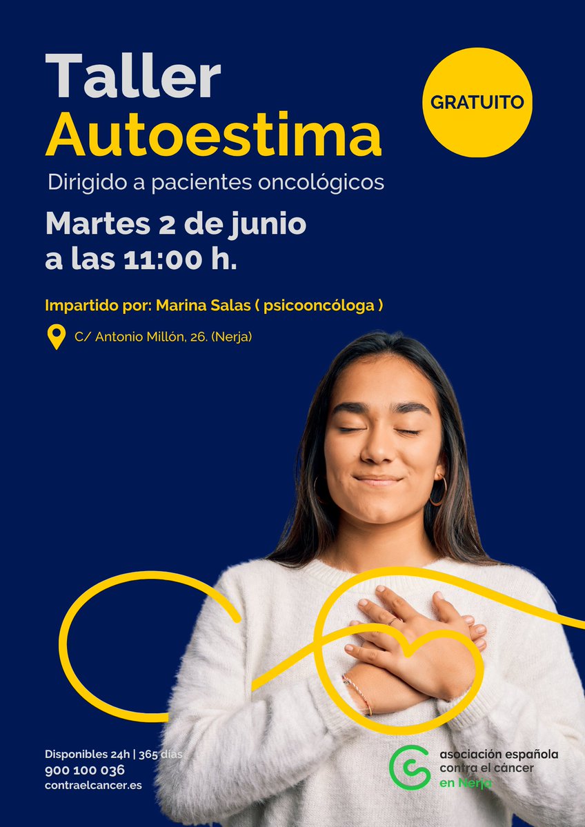 ContraCancerMA's tweet photo. Recuerda que mañana tenemos en la sede de Nerja, Taller de Marina Salas, psicooncóloga @ContraCancerEs, para ayudarte a mejorar tu autoestima. 
Es gratuito, solo tienes que llamar al ☎️900 100 036 
#nostienesaquí https://t.co/RUDSR4GNCL