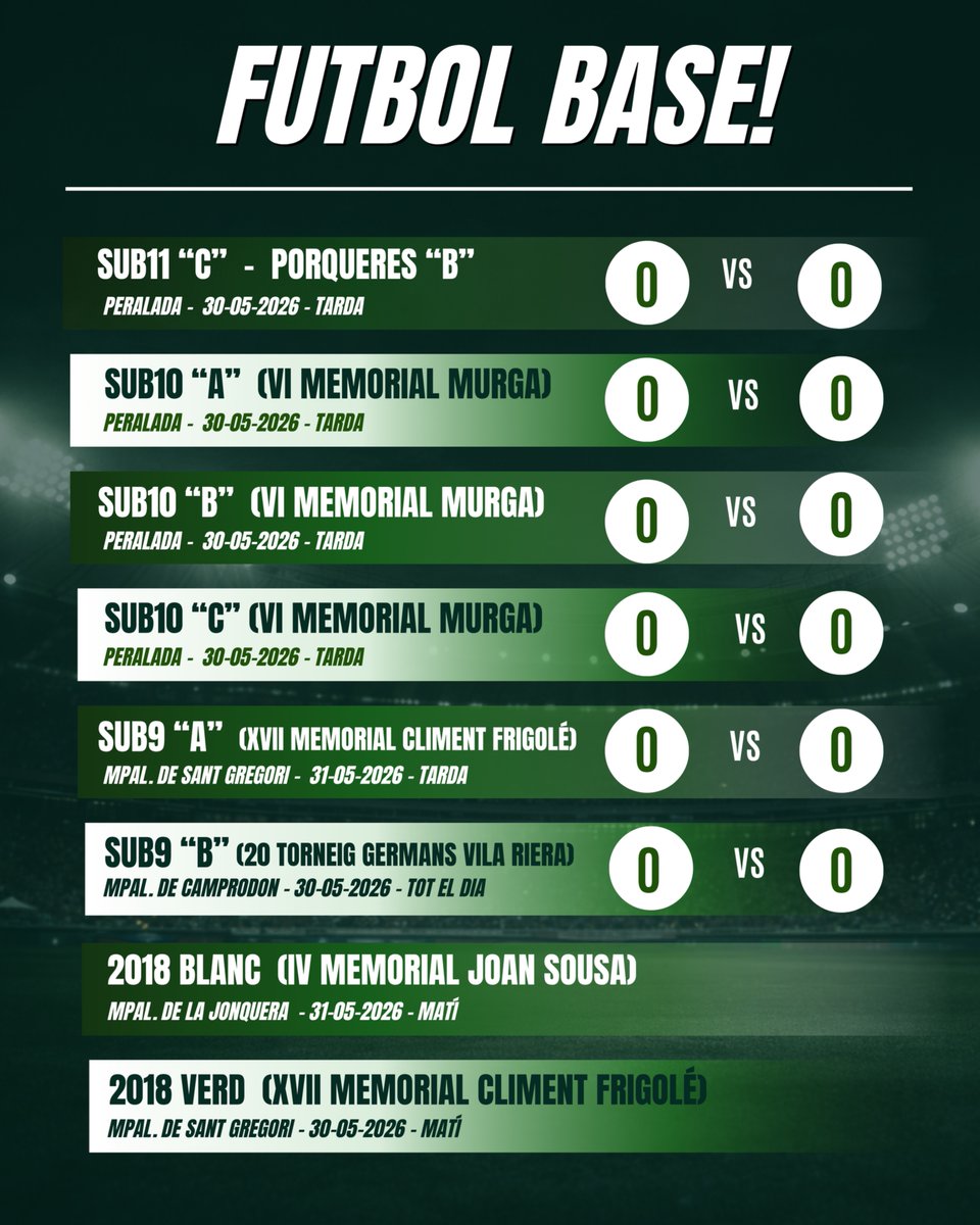 CFPeralada's tweet photo. 𝗙𝘂𝘁𝗯𝗼𝗹 𝗕𝗮𝘀𝗲 ⚔️💚

📅 Horaris del 30 i 31 de maig

Cap de setmana de futbol, emocions i orgull verd-i-blanc! 💚🤍

🔥 TOTHOM AL CAMP per animar la nostra pedrera!

#FutbolBase #CFPeralada #PedreraVerdiblanca #OrgullXampanyer #SomPeralada 💚 https://t.co/cCHdq5rPjU