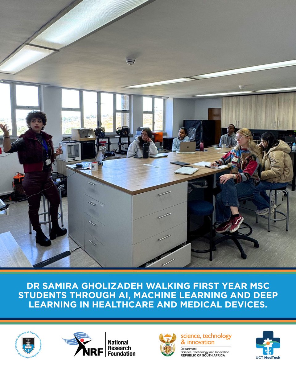 UCTMedTech's tweet photo. 𝐖𝐨𝐫𝐤𝐬𝐡𝐨𝐩  𝐑𝐞𝐜𝐚𝐩: 𝐀𝐈, 𝐌𝐚𝐜𝐡𝐢𝐧𝐞 𝐋𝐞𝐚𝐫𝐧𝐢𝐧𝐠 𝐚𝐧𝐝 𝐃𝐞𝐞𝐩  𝐋𝐞𝐚𝐫𝐧𝐢𝐧𝐠 𝐢𝐧 𝐇𝐞𝐚𝐥𝐭𝐡𝐜𝐚𝐫𝐞 𝐚𝐧𝐝 𝐌𝐞𝐝𝐢𝐜𝐚𝐥  𝐃𝐞𝐯𝐢𝐜𝐞𝐬.

Recently, Dr Samira Gholizadeh ran a workshop at UCT MedTech on 𝘈𝘐, 𝘔𝘢𝘤𝘩𝘪𝘯𝘦 𝘓𝘦𝘢𝘳𝘯𝘪𝘯𝘨 𝘢𝘯𝘥 𝘋𝘦𝘦𝘱 𝘓𝘦𝘢𝘳𝘯𝘪𝘯𝘨  𝘪𝘯 𝘩𝘦𝘢𝘭𝘵𝘩𝘤𝘢𝘳𝘦 𝘢𝘯𝘥 𝘮𝘦𝘥𝘪𝘤𝘢𝘭 𝘥𝘦𝘷𝘪𝘤𝘦𝘴.

The workshop covers how AI, Machine Learning and Deep Learning are being applied in healthcare and medical devices. It walks through the core technologies, the algorithms behind them, and where each one works best, from detecting disease in medical images to monitoring patients in real time.

The central argument is that AI is most useful when matched to the right clinical task, and that it works alongside clinicians rather than in place of them. If your data is #biased, incomplete, or wrong, you get systems making multi-step decisions based on potentially flawed data. This is where #data_integrity becomes critical.

𝙏𝙝𝙞𝙣𝙜𝙨 𝙛𝙧𝙤𝙢 𝙩𝙝𝙚 𝙧𝙤𝙤𝙢:
• 𝗠𝗮𝗰𝗵𝗶𝗻𝗲 𝗟𝗲𝗮𝗿𝗻𝗶𝗻𝗴 𝗔𝗹𝗴𝗼𝗿𝗶𝘁𝗵𝗺𝘀 trained on millions of patient records to predict outcomes, flag deteriorating patients, and surface patterns invisible to the human eye.
• 𝗗𝗲𝗲𝗽 𝗹𝗲𝗮𝗿𝗻𝗶𝗻𝗴 𝗺𝗼𝗱𝗲𝗹𝘀 that analyse medical images, X-rays, MRIs, and pathology slides, with accuracy rivalling board-certified specialists.
• 𝗡𝗮𝘁𝘂𝗿𝗮𝗹 𝗟𝗮𝗻𝗴𝘂𝗮𝗴𝗲 𝗣𝗿𝗼𝗰𝗲𝘀𝘀𝗶𝗻𝗴 𝗧𝗼𝗼𝗹𝘀 that extract structured clinical insights from unstructured physician notes, discharge summaries, and patient-reported data.
• 𝗥𝗼𝗯𝗼𝘁𝗶𝗰 𝗣𝗿𝗼𝗰𝗲𝘀𝘀 𝗔𝘂𝘁𝗼𝗺𝗮𝘁𝗶𝗼𝗻 AI-driven automation that handles scheduling, billing, prior authorisations, and documentation — dramatically reducing administrative burden.

The algorithm you choose determines the outcome.
Thank you, Dr Gholizadeh, for the insightful session.

#UCTMedTech #BiomedicalEngineering #ArtificialIntelligence #MachineLearning #DeepLearning #HealthcareAI

@SudeshSivarasu
@UCT_news
@NRF_News
@UCTHealthSci
@dstigovza