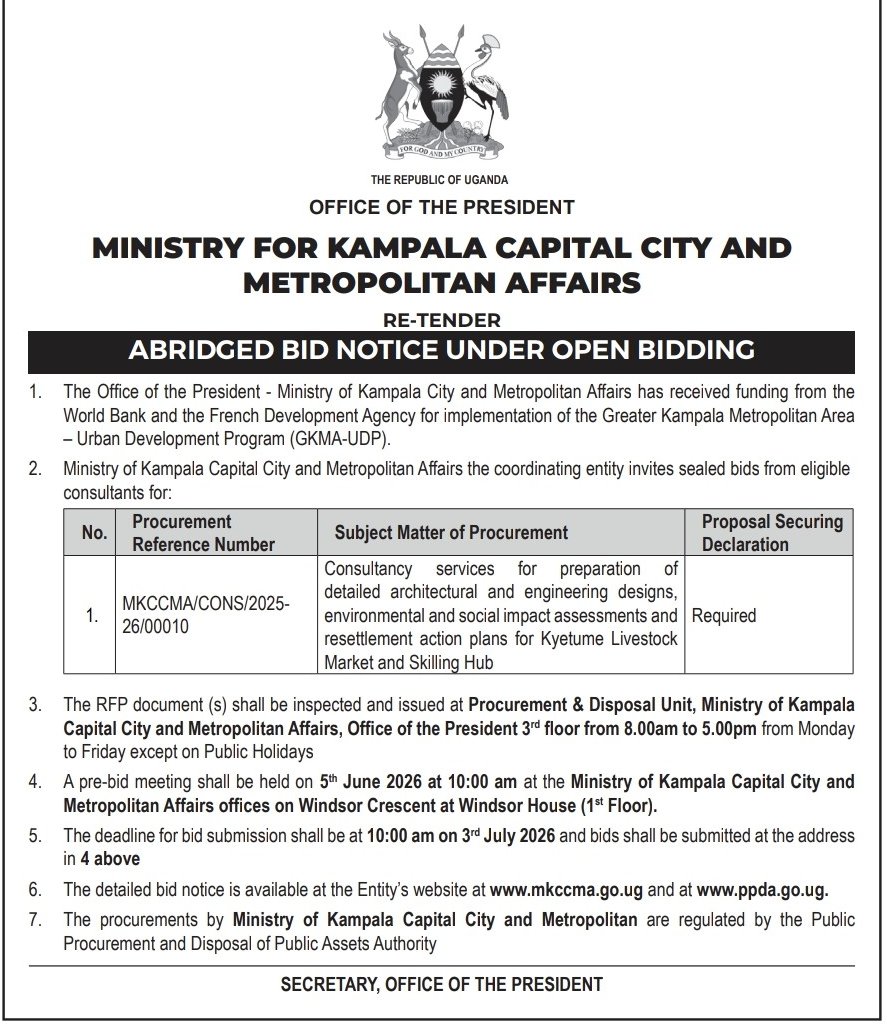 GKMAUrbanDevt's tweet photo. Call for bids: Eligible companies/firms are invited to submit bids to offer consultancy services for preparation of designs, assessments & action plans for Kyetume market & skilling hub in @MukonoMunicipal  as detailed in the advert below. @WorldBankGroup @AFD_en  @PPDAUganda, @MoWT_Uganda @MoLGUganda @mtic_uganda