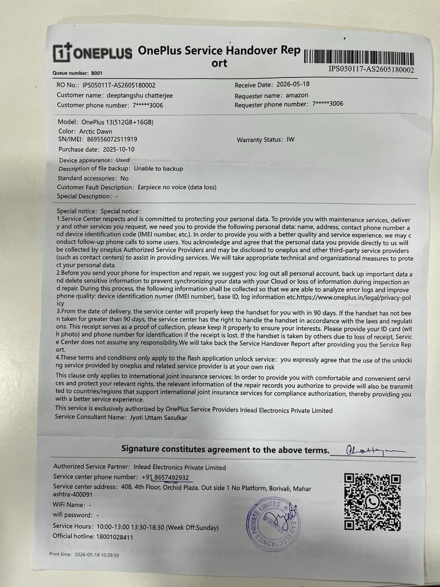 deep_chatterjee's tweet photo. @OnePlus_IN I have given my device for faulty issue rectification under warranty on 18th May 2026 till date no update and service center team don’t have any update as spare is not available and they are saying they don’t know when will spare come. I am suffering big time getting no help. https://t.co/UiHhO3pauH