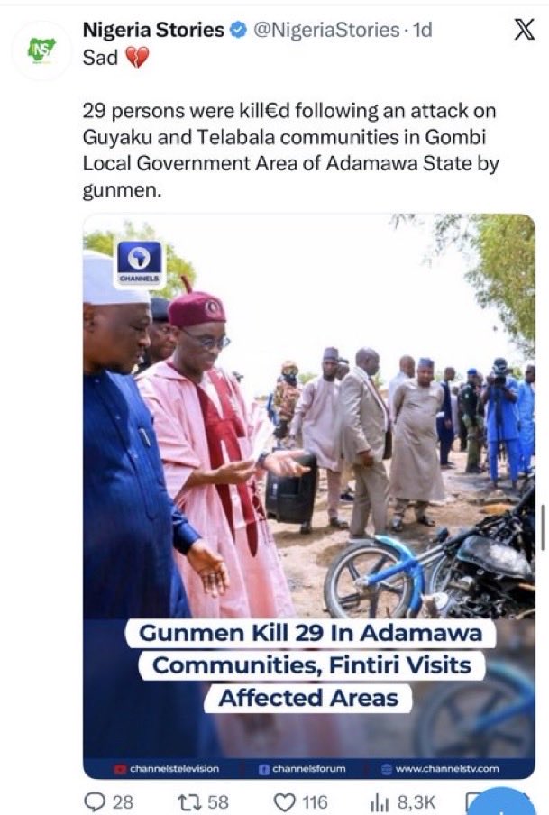 SandileKaMsibi's tweet photo. Killed by who? When? Where? Evidence?

It is also interesting. 
In Nigeria 🇳🇬 : over 100 Civilians Killed, +80
Abducted in the past 3 Weeks. It is not even tending. 

In South Africa 🇿🇦.  A few Videos of people participating vigilantism: Suddenly our African outrage is awaken & leaders are up in arms.

Something is really off. 🤔 - I hope this narrative boosting is not being done on purpose.

South Africa 🇿🇦 did piss Off Elon, Israel & USA.