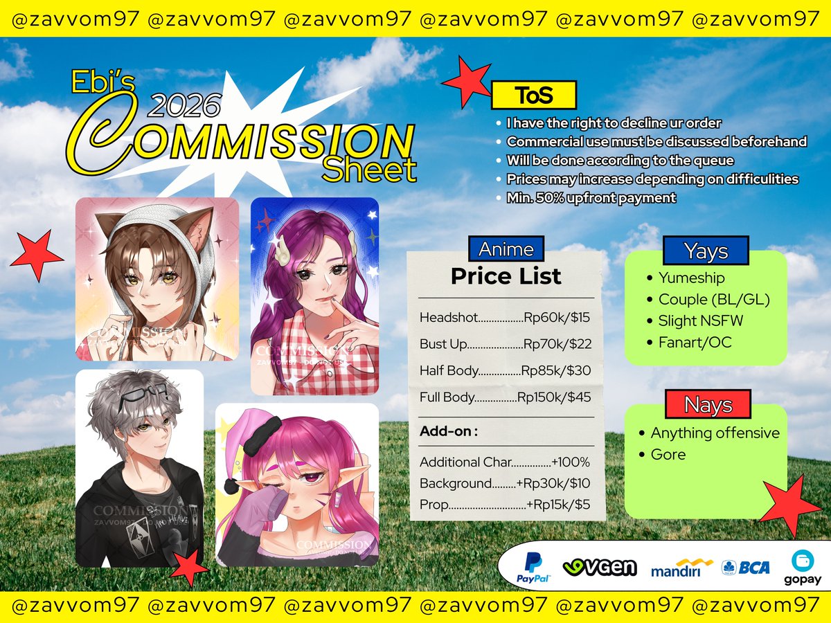 zavvom97's tweet photo. !COMMISSION OPEN!

20% discount for new buyers
I'm open for 5 slots (⁠ㆁ⁠ω⁠ㆁ⁠)

reshares will be very much appreciated!
#VGenComm #artid #WTS https://t.co/k7BgCnTGcI