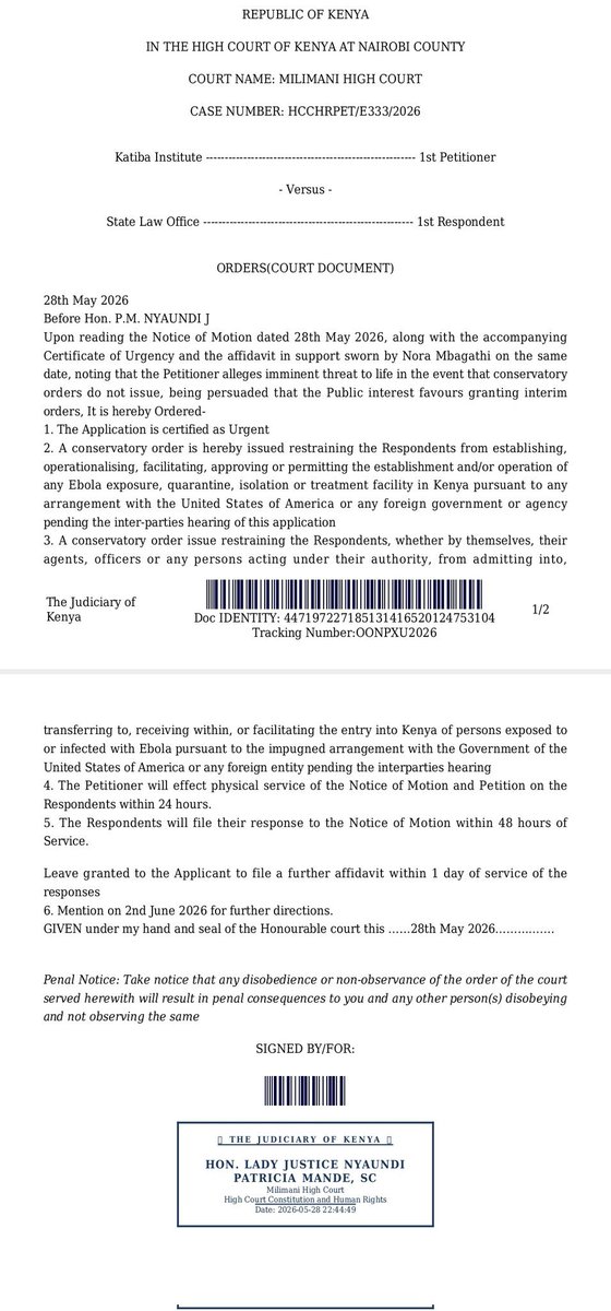 TaachFM_KE's tweet photo. Orders granted!

The Court certified the application as urgent and granted interim conservatory orders restraining the Respondents from establishing, operationalizing, approving, or facilitating any Ebola exposure, quarantine, isolation, or treatment facility in Kenya. https://t.co/qGqMHbssjT