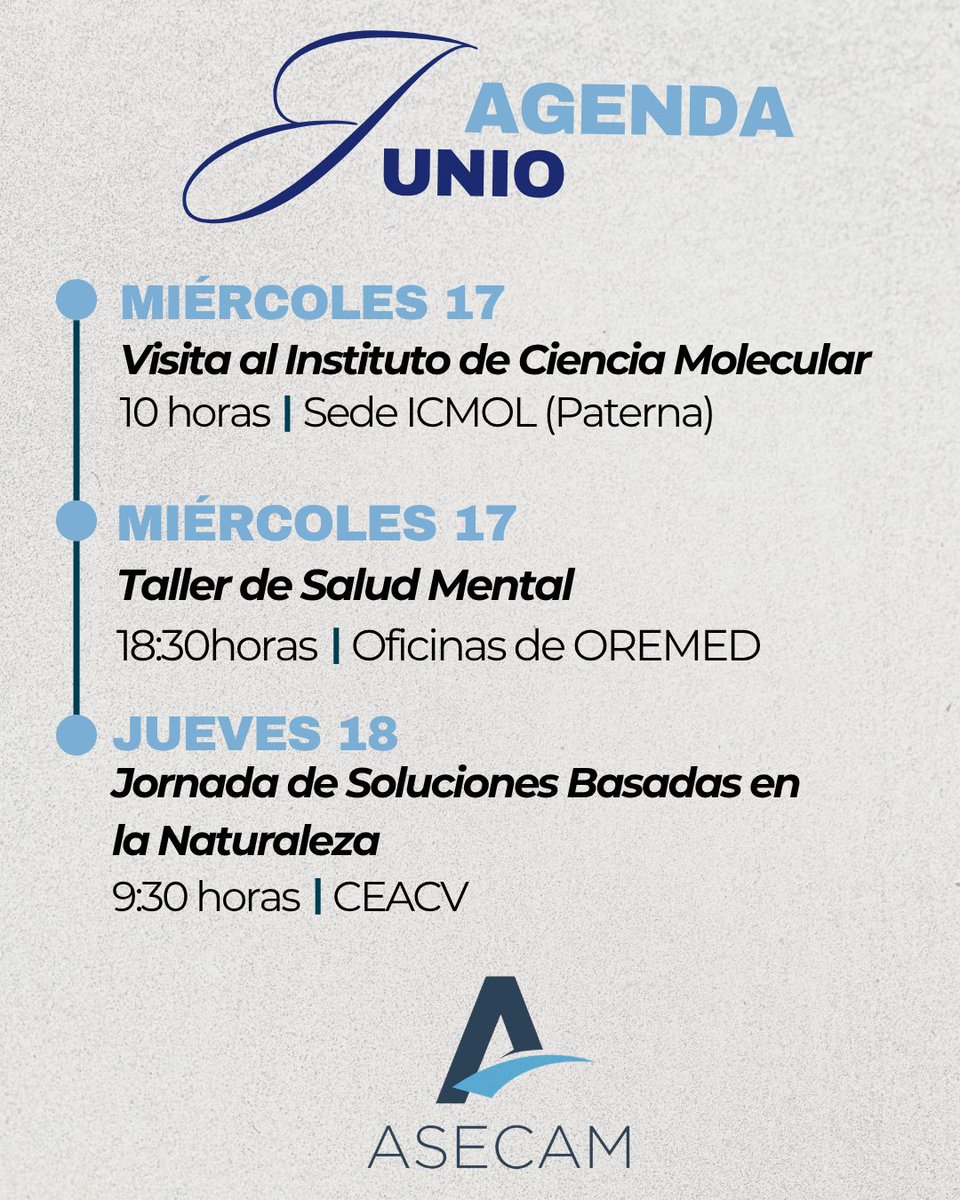 ASECAM1's tweet photo. ¡¡¡SAVE THE DATES!!! En ASECAM continuamos durante este mes de junio con diversos eventos, jornadas y talleres. Reservad en vuestras agendas las fechas de las actividades programadas y próximamente os daremos más información de las mismas para que no te las pierdas #asecamnopara https://t.co/QBUiez0TRj