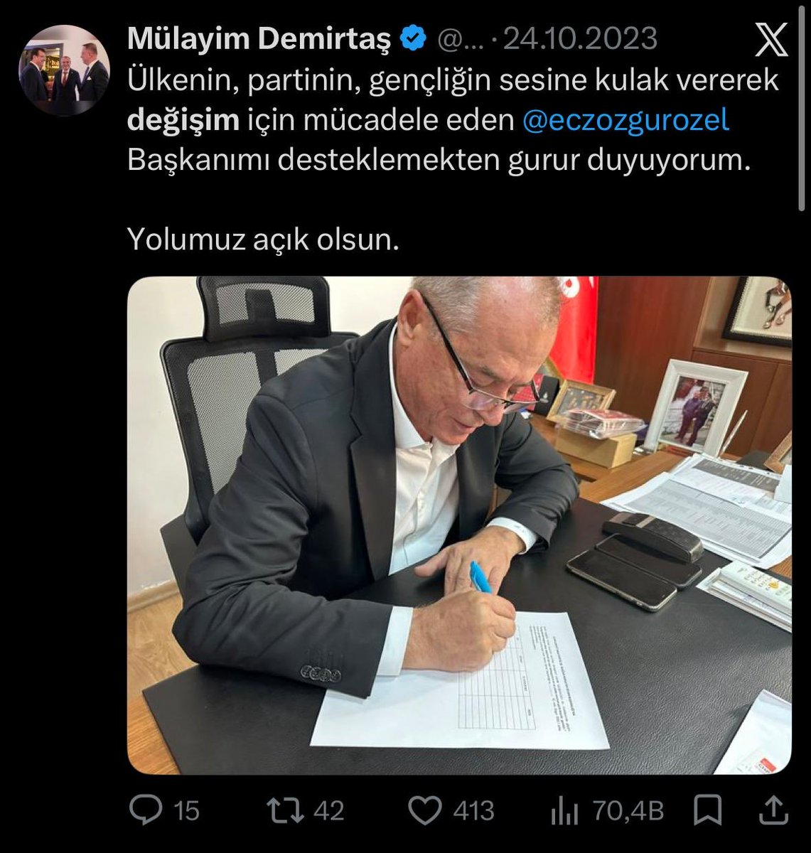 mulayimdemirtas's tweet photo. 24 Ekim 2023’te, CHP’de başlayan değişim meşalesini yakan ilk ilçe olduk.

Çünkü değişim; koltukların değil, anlayışın değişmesidir. Salondan sokağa, umutsuzluktan mücadeleye, durağanlıktan halkın sesine yönelmektir.

İlk gün ne söylediysek, bugün de aynı yerdeyiz. @eczozgurozel https://t.co/p0zLYDHd54