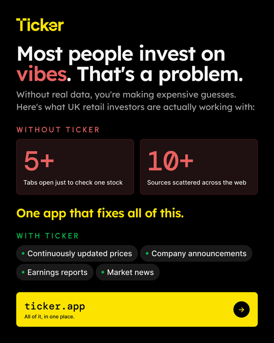 TickerOfficial's tweet photo. Most investors check the price and call it research. The Ticker app goes deeper — earnings reports, company announcements, executive interviews and financial data, all in one place. Everything you need to actually understand a company before you invest. Stop guessing. Start at https://t.co/VyzOkrCmCI