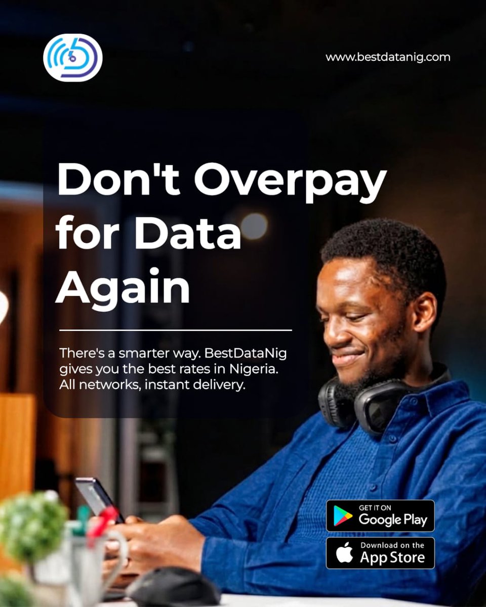 BestDataNG1's tweet photo. Smart people don't overpay for data 💡 Join thousands of Nigerians saving more with BestDataNig. Available on Google Play &amp; App Store! 📲

#BestDataNig #StayConnected #AffordableData https://t.co/5Y6UVyThKD