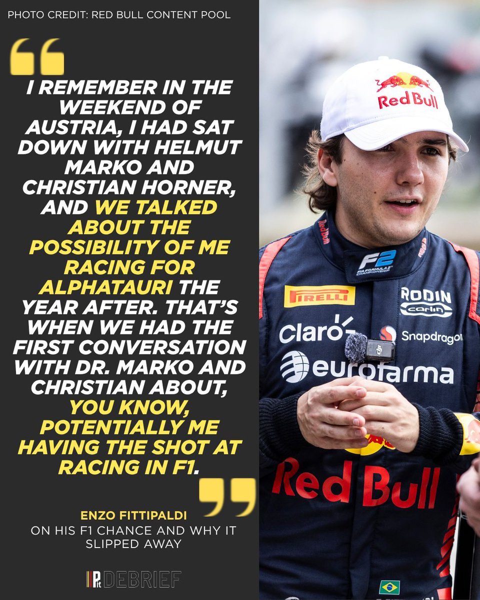 PitDebrief's tweet photo. Enzo Fittipaldi on the F1 chance that slipped away 💬

Speaking exclusively to Pit Debrief, Fittipaldi opened up on his past talks with Red Bull and missing out on the shot to race for AlphaTauri.

#F1 #F2 #Formula1 #RoadToF1 #RedBullRacing https://t.co/TsphnzAV68