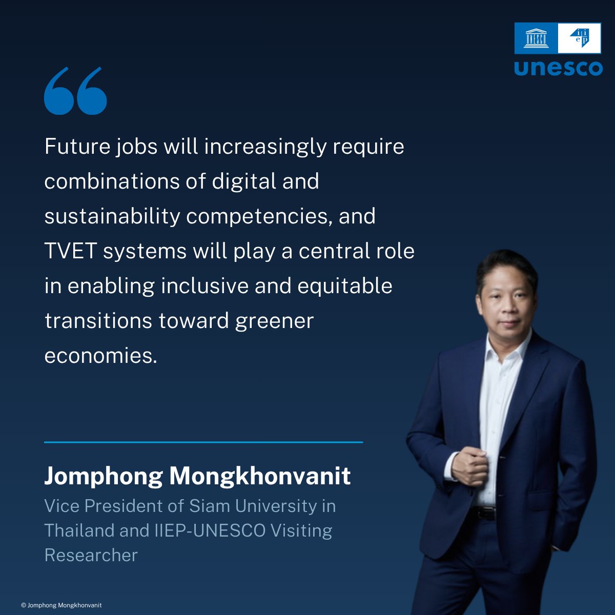 IIEP_UNESCO's tweet photo. “My time at IIEP reinforced the importance of viewing green and digital transitions together rather than separately," says Jomphong Mongkhonvanit, Vice President of @SiamU in Thailand and an IIEP-@UNESCO Visiting Researcher.

🔗: https://t.co/3kr9AbCl5G https://t.co/qCXzDmLERx