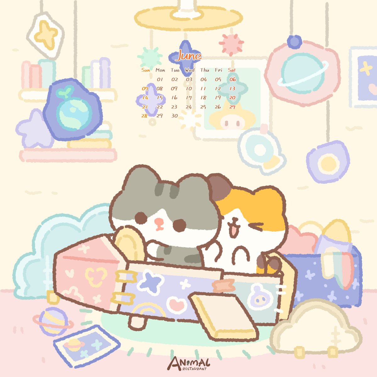 AML_Restaurant's tweet photo. June Calendar &amp; Wallpaper are here~ ✨

Dear passengers, please stay seated and hold on tight.  
The “spaceship” piloted by Captain Yolky is ready for takeoff🚀

A magical June journey is about to begin~  Bosses, save the wallpaper now👇
#animalrestaurant #junecalendar #wallpaper https://t.co/PN70qa1Rca