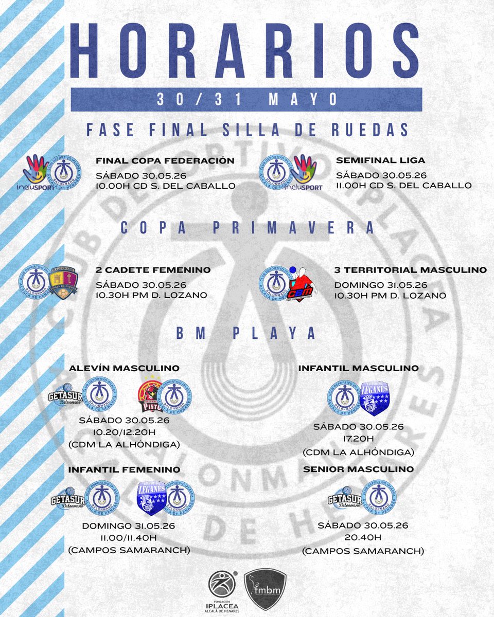 CDIplacea's tweet photo. 🔵JORNADA 30/31 MAYO🔵

➡Nueva jornada de la Liga de Madrid para todos nuestros conjuntos. ¡Mucha suerte!

#vamosipla #balonmano https://t.co/qkQOAOicKI