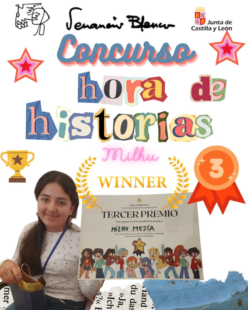 IESVENANCIO's tweet photo. 🏆 Nuestra alumna Milhu Mejía (ES1B) ha recibido en Valladolid el tercer premio en la categoría de Textos Descriptivos del proyecto "Hora de Historias".
Un reconocimiento al talento, la creatividad y el esfuerzo de una de las tres estudiantes premiadas de toda la provincia.
👏📚 https://t.co/32Xe32DMge