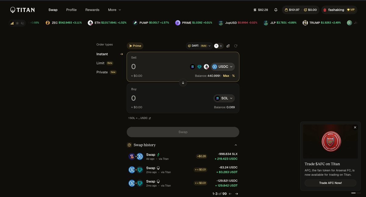 FASHAKING3's tweet photo. New badge on Titan exchange

Titan Exchange has Introduce DART: it help users to get a faster and much better trading experience and with it came a badge.

To earn the new TITAN DART BADGE , you have to complete a $10K volume transaction through DART 

How to get started??

1. Visit the Titan Exchange platform and connect your Solana wallet 

Link: https://t.co/aLYNgs2SSz

2. At the top of the swap platform there  DART, Switch  to "Only"

3.  Now make swaps through the Titan route and generate $10k volume 

4.  Proceed to the "Rewards" section and you should be able to see your badge.

⚠️ Note: If you haven’t used @titan_exchange before, please check the quoted tweet for more possible badge