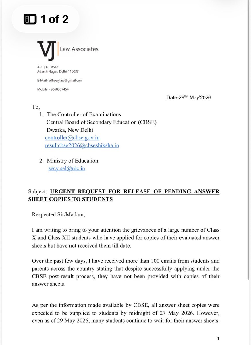 vineetJindal19's tweet photo. आज मैंने CBSE एवं शिक्षा मंत्रालय को औपचारिक रूप से पत्र लिखकर उन छात्रों की समस्या उठाई है जिन्हें अब तक उनकी Answer Sheets की प्रतियां उपलब्ध नहीं कराई गई हैं।

CBSE ने आश्वासन दिया था कि सभी उत्तर पुस्तिका आवेदन करने वालो को 27 मई तक उपलब्ध करा दी जाएंगी, लेकिन इसके बावजूद मुझे देशभर के 100 से अधिक छात्रों के ईमेल प्राप्त हुए हैं जो आज भी अपनी उत्तर पुस्तिका की प्रतीक्षा कर रहे हैं।

पुनः सत्यापन (Verification) एवं पुनर्मूल्यांकन (Re evaluation) की प्रक्रिया शुरू हो चुकी है, लेकिन उत्तर पुस्तिका की प्रति के बिना छात्र न तो संभावित त्रुटियों की जांच कर सकते हैं और न ही आगे की कार्रवाई के संबंध में उचित निर्णय ले सकते हैं।

मैंने CBSE से आग्रह किया है कि लंबित सभी उत्तर पुस्तिकाओं की प्रतियां तत्काल जारी की जाएं, देरी के कारणों पर सार्वजनिक स्पष्टीकरण दिया जाए तथा Verification और Re evaluation की समय सीमा बढ़ाई जाए ताकि किसी भी छात्र को CBSE की प्रशासनिक देरी का खामियाजा न भुगतना पड़े।

#CBSE #AnswerSheet #Reevaluation #CBSEResults