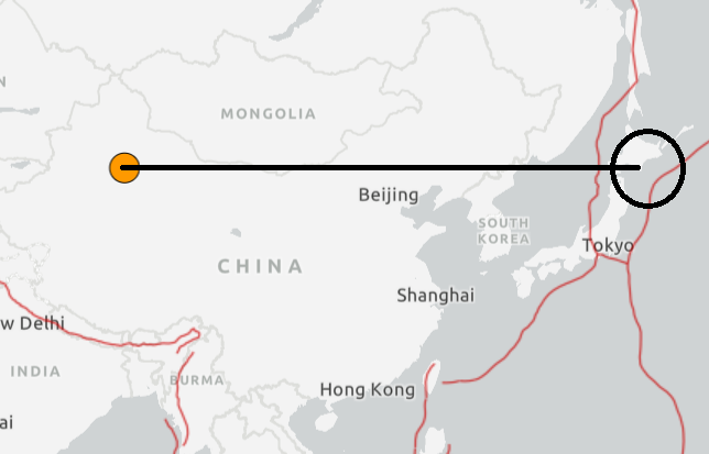 geoscience16's tweet photo. 中国でマグニチュード5.3の地震が発生した
同緯度法則に従うと
該当する場所は岩手県・北海道地方となる https://t.co/zh4s97cPUT