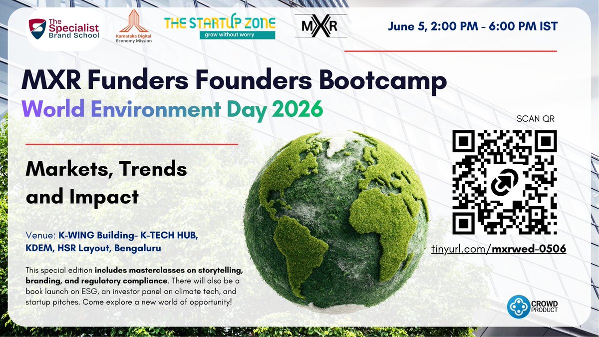 crowdproduct's tweet photo. 🚀 Founders, don’t miss the MXR Funders Founders Bootcamp!

Learn GTM, branding &amp; global growth strategies from industry leaders. 🌍

📅 June 5 | Bengaluru
🌱 AI + Sustainability + DeepTech
🤝 Investor Networking + Global Opportunities

🔗 Register: https://t.co/uP2UVbWdDg https://t.co/ZpeOH5ZBmh