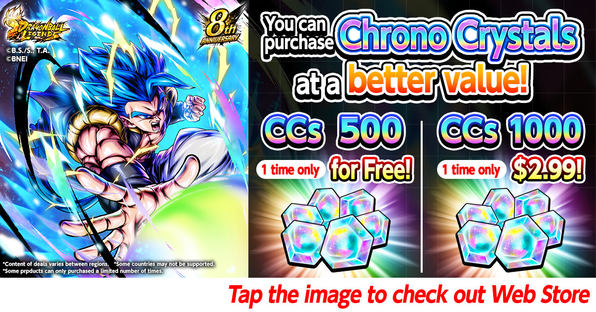 DB_Legends's tweet photo. [Web Store Sale On Now!]

Get even better deals on Chrono Crystals and other items than in the app through the Web Store!

Don't miss your one-time chance to get 500 Chrono Crystals for free on the Web Store!

#UnpredictableDBL8th
#DBLegends