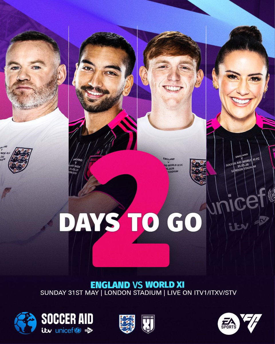 socceraid's tweet photo. 2 days to go!

Soccer Aid for UNICEF 2026 is almost here 🙌

@EASPORTSFC https://t.co/1nE1f75HVt