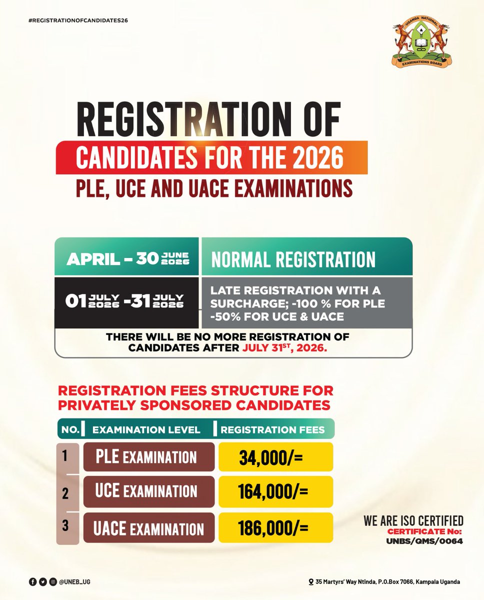 Educ_SportsUg's tweet photo. #EducUg| Registration of all candidates for the 2026 National Examinations is currently underway.

Heads of examination centres are advised to ensure that all eligible candidates are registered within the prescribed registration period to avoid any inconveniences. https://t.co/TLQz1d09Ia