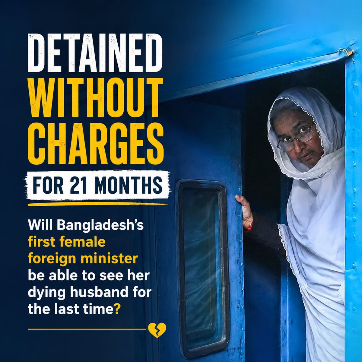 bdwatch2024's tweet photo. Will #Bangladesh’s first female foreign minister, now detained for more than 21 months without charges being framed against her, be able to see her critically ill husband one last time?

Dr. #DipuMoni, Bangladesh’s first female foreign minister, has remained in custody since 19 August 2024. Implicated in a staggering 38 criminal cases arising from the violent events of July–August 2024, she has been imprisoned in Munshiganj District Jail ever since.

Dipu Moni’s daughter has now applied for a seven-day parole release on humanitarian grounds, citing the critical condition of her father. The application was submitted on Wednesday to the Deputy Commissioner of #Munshiganj.

According to the application, Dipu Moni’s husband, Dr. Towfiq Nawaz, has been suffering from multiple serious health complications, including cancer, liver disease, and stroke-related conditions. He is currently receiving treatment in the CCU of a private hospital in #Dhaka and remains in critical condition. His health reportedly deteriorated sharply following a blood transfusion on Tuesday.

The petition further states that Dipu Moni has spent nearly 21 months in jail and has been unable to remain by her husband’s side throughout his prolonged illness. It argues that her presence is urgently needed both to oversee his treatment and to support him during this critical period.

The application therefore requests that, on humanitarian grounds, she be granted seven days’ parole to care for her seriously ill husband and remain beside him should his condition worsen further.

News: 
https://t.co/pBVUpolEMS

In any country with an independent legal system devoid of political pressure, Dipu Moni would likely have been granted bail long ago, given that none of the cases against her has yet reached the charge-framing stage. 

However, under the prevailing circumstances in “new” Bangladesh, a temporary seven-day parole release appears to be the most realistic outcome available to a high-profile politician associated with the #AwamiLeague.

The question now is whether even this request will be approved.

If recent examples are any indication, there may be little reason for optimism. BD Watch recently highlighted the case of a #ChhatraLeague leader who was denied parole to attend his father’s funeral and burial. Instead, he was reportedly allowed to view his father’s body for only five minutes at the jail gate.

See: 
https://t.co/4vpo4fNOAg

Nor was that an isolated incident. Under both the Interim Govt and the #BNP Govt, there have been repeated allegations that political prisoners were denied parole to attend the funerals of close family members and loved ones.

Whether Dipu Moni will be granted the opportunity to spend time with her critically ill husband remains to be seen. Her application will be a litmus test of how humanitarian considerations are applied in politically sensitive cases in Bangladesh today.

….

#BangladeshCrisis @amnestysasia @StateDRL @hrw @IBAHRI @EURightsAgency @UNHumanRights @omctorg @Ginitastar @PearsonElaine @TheDavidBergman @StateDRL @UN_HRC @SRjudgeslawyers @ESandersFCDO @volker_turk @AgnesCallamard @justiceinfonet @MujMash @HannahEP @CordeliaSkyNews @UN_SPExperts @job71org @omctorg