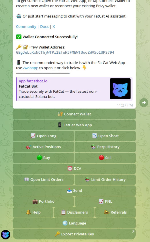 rpcfast's tweet photo. 5/ @FatCatTrading – a full trading interface + AI directly inside Telegram, with more messengers planned later (LINE first).

Useful. Convenient. Minimalistic.
Sometimes the best pitch is simply: “it just makes sense.” https://t.co/L0dq4lFrHw