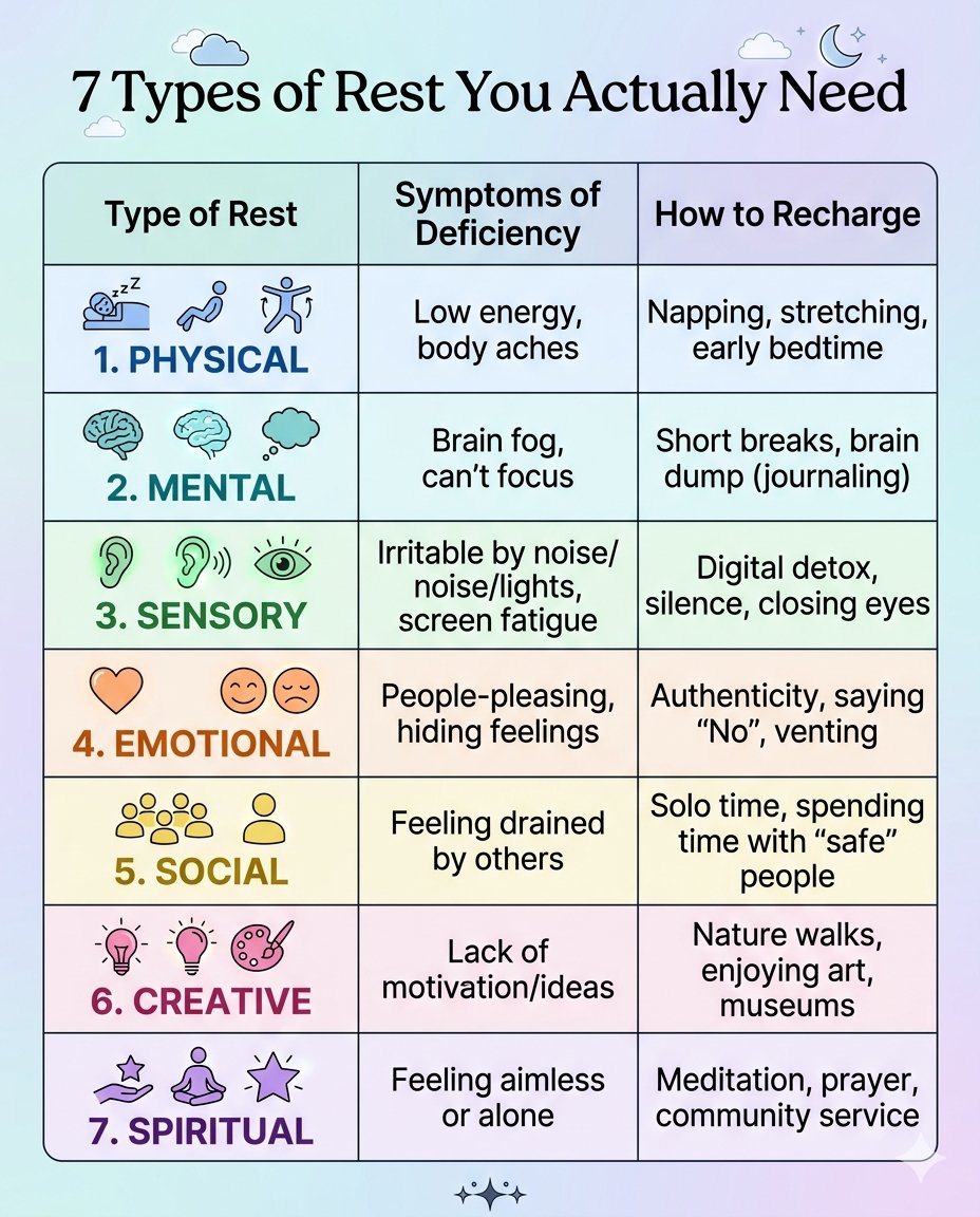 jennacuration's tweet photo. True rest goes far beyond closing your eyes.

According to Dr. Saundra Dalton-Smith, author of Sacred Rest, we need seven distinct types of rest to restore our energy, focus, and joy.

Discover smart hacks of wellness at my profile link.
#HealingVibes #lifehacks #smartliving https://t.co/hJdxBmJhmJ