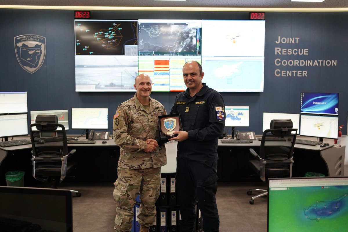 CyprusJRCC's tweet photo. On Thursday, May 28, 2026, the incoming Defense Attaché of the United States of America in Cyprus, Lieutenant Colonel (promotable) Jesse Allgeyer, accompanied by the departing DA, Colonel K.C. Evans, visited JRCC Larnaca 🇨🇾🇺🇸

@DefenceCyprus https://t.co/lhM6X3sd8K