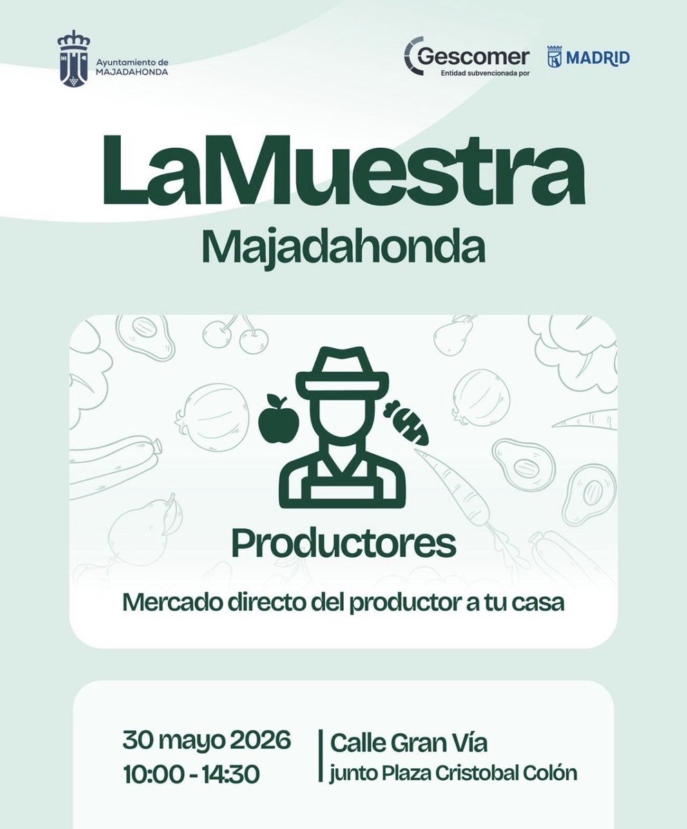 MajadahondaAyto's tweet photo. 👩🏻‍🌾👨🏼‍🌾🌾¿Quieres comprar directamente a los productores sin moverte de #Majadahonda?

Este sábado 30 de mayo, de 10 a 14:30 horas en plena Gran Vía, podrás hacerlo.

🧀🍯🍷Quesos, embutidos, dulces, vino, miel… llena tu despensa de calidad, sin intermediarios. https://t.co/JMsQQ3hJCG