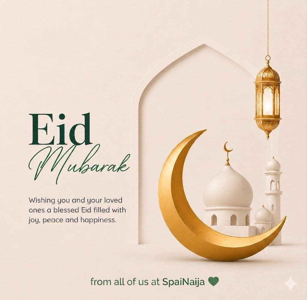 SpaiNaija's tweet photo. Eid Mubarak from all of us at SpaiNaija to our muslim community🌙✨

May this celebration bring peace to your heart, joy to your home and blessings to your journey. 🤍 https://t.co/mViSTEOKSS