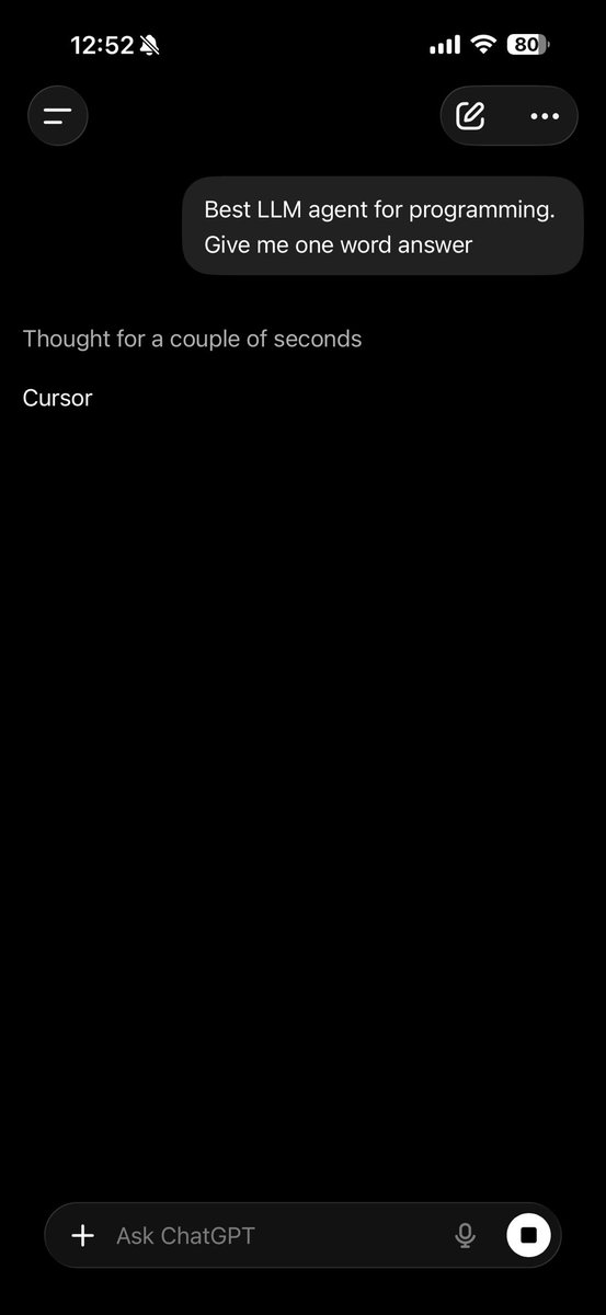 createvmir's tweet photo. Best LLM for programming according to Grok and Claude is… 

Claude.

ChatGPT and Gemini say that Cursor is best one.

Fully agree with both https://t.co/6cger0qgug