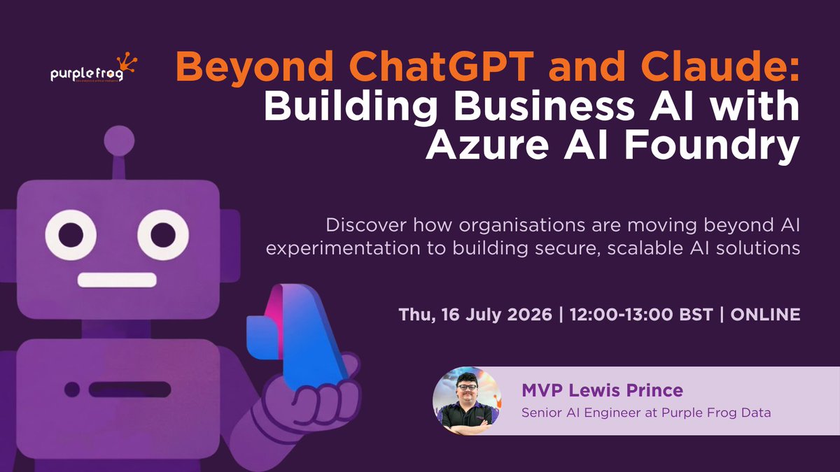 PurpleFrogSys's tweet photo. You've tried ChatGPT.
You've tried Claude.
Now what?

Join us to discover how organisations are building production-ready AI solutions with #AzureAIFoundry; from AI agents and copilots to governance and security.

📅 Thu 16 July, 12:00 PM
🎟️ Register: https://t.co/pyNhD48aXk https://t.co/DgQqGqwtxr