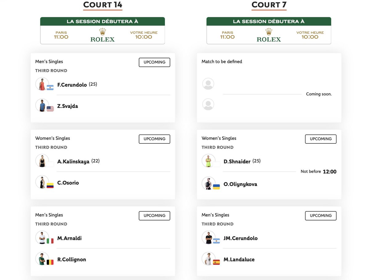josemorgado's tweet photo. Saturday singles schedule at #RolandGarros with Cobolli-Tien opening Chatrier and Auger-Aliassime vs. Nakashima at night. 

Moise Kouamé (surely his request) on Lenglen. Osaka-Jovic, Sabalenka, Faria-Tiafoe as well. https://t.co/ssewp2DZAG