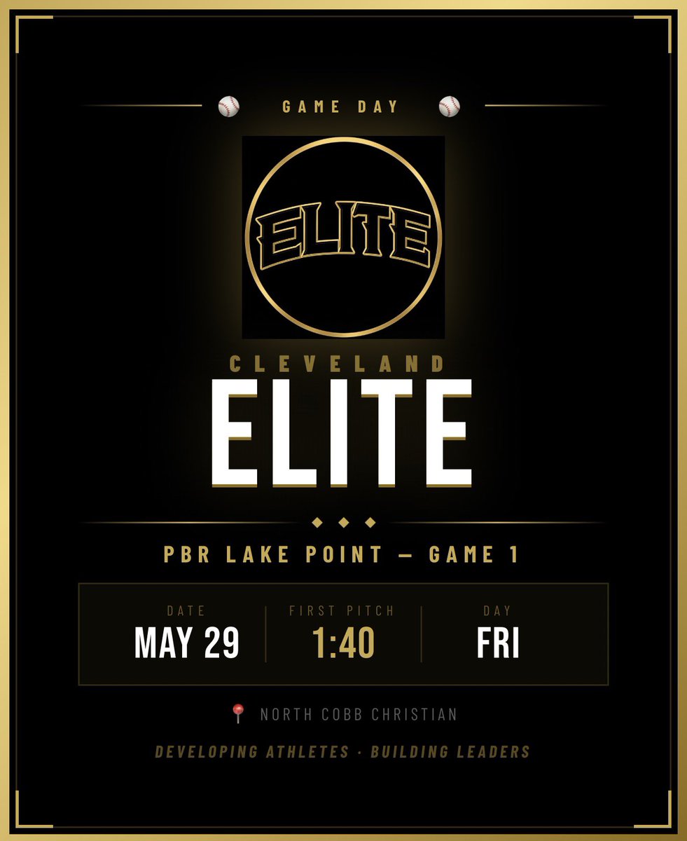 423CEBaseball's tweet photo. ⚾ GAME DAY ⚾
Cleveland Elite takes the field TODAY at @PBRBaseball Lake Point!
🕑 1:40 PM
📍 North Cobb Christian
Developing Athletes · Building Leaders 🖤🏆
#ClevelandElite #PBRBaseball #GameDay https://t.co/thdSEn1ae9