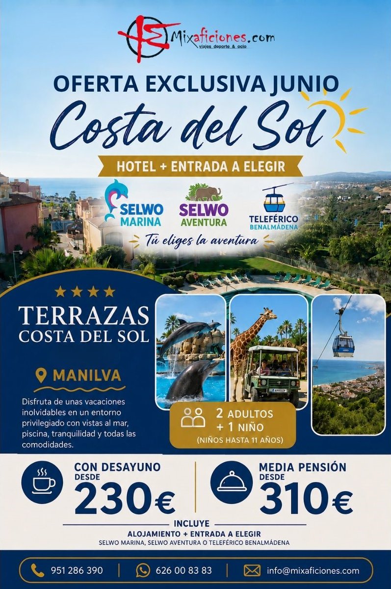 Mixaficiones's tweet photo. ¡3 ESCAPADAS INCREÍBLES PARA ESTE JUNIO! 🌴☀️
Prepárate para disfrutar del verano con nuestras ofertas especiales en la costa andaluza🏖️
Hoteles 4*, playa, relax, diversión y planes para toda la familia.
+Terrazas Costa del Sol 4*
+Best Village Chipiona 4*
+Best Costa Ballena 4* https://t.co/TbgAmi1rJm
