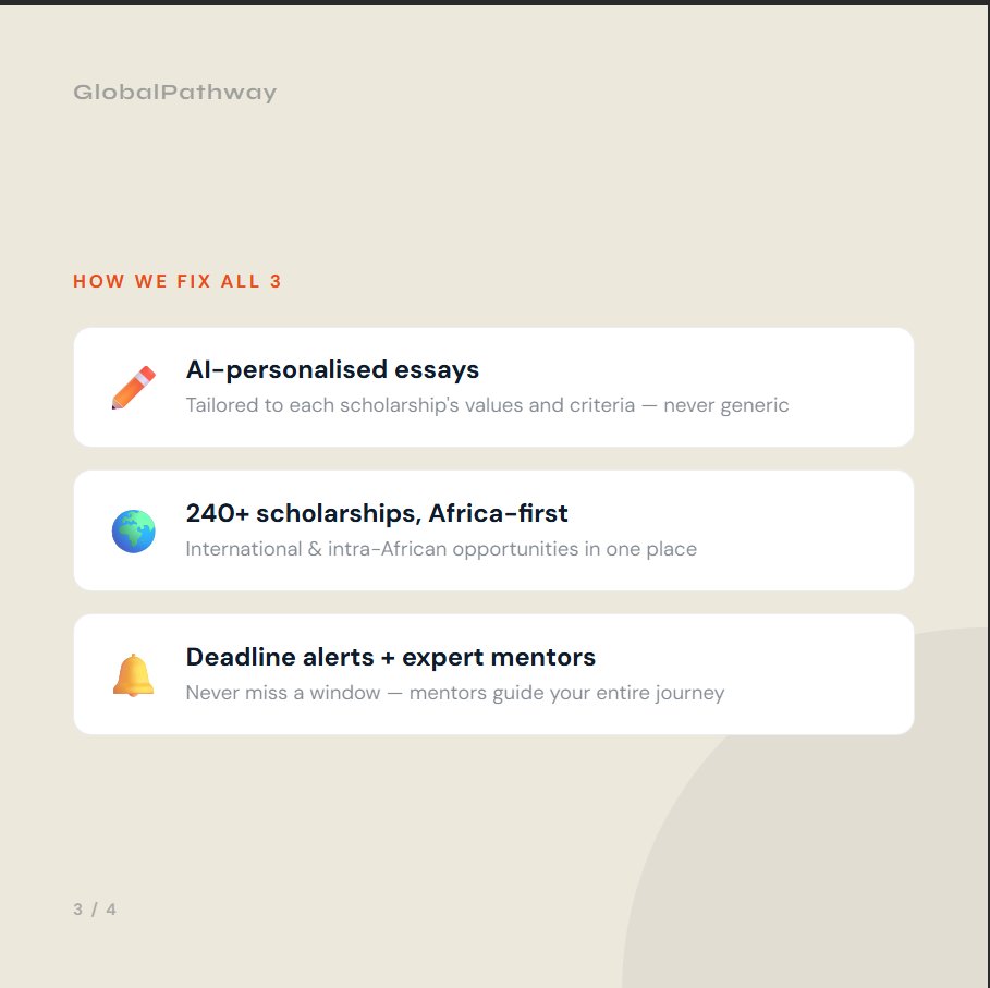 afrigensys's tweet photo. 3 deadly mistakes most African students make with scholarships:
1️⃣ Same generic essay everywhere 
2️⃣ Only chasing big-name schools 
3️⃣ Starting way too late

GlobalPathway's AI + mentors fix all 3. Avoid these mistakes now 👇
🔗 https://t.co/Vt0YD7405V
#AfricanStudents #ScholarshipTips #StudyAbroad #GlobalPathway #FundedScholarship