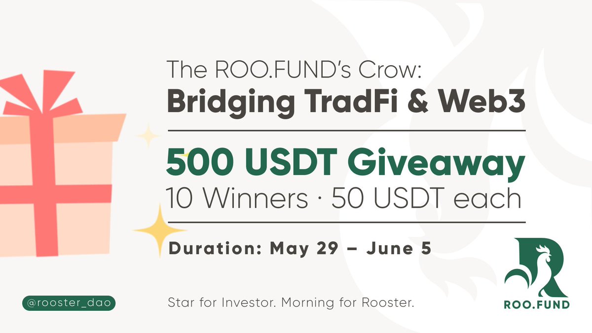 rooster_dao's tweet photo. 🐓 The https://t.co/5IOguSOE6q’s Crow: TradFi × Web3 Giveaway

TradFi is heating up. Real yields, real strategies.
Web3 is ready. Global access, stablecoins, transparency.

But the bridge? That’s https://t.co/5IOguSOE6q

🎁 500 USDT Giveaway : 10 winners | 50 USDT each
📅Duration: May 29 – June 5, 2026

✅ How to enter:
1. Follow @rooster_dao 
2. Join our Discord & Telegram
3. ❤️ Like + Retweet + Tag 3 friends + Comment your BSC wallet address 

The future of finance doesn’t choose sides. It bridges them. Be part of the first crow. 🐔

#ROO #DeFOF #TradFi #Web3 #Giveaway