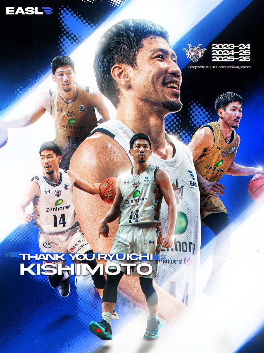 EASLofficial's tweet photo. THANK YOU MR. KINGS 🫡👑😢
感動をありがとう。Ryuichi.

@Ryuichi_14 departs @RyukyuKings after 14 seasons with his boyhood club.

After 3 home-and-away seasons with EASL, Kishimoto finished his career with a 3rd place finish in the 2025-26 campaign.

It’s been an honor to watch one of the best point guards in Asia 🙏🏼🥺

#EASL #BLG #RGK