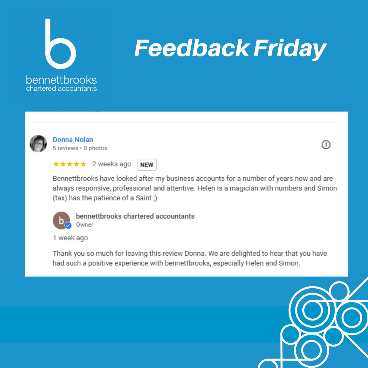 bennettbrooks's tweet photo. ✨ Feedback Friday - 5* Google Review ✨ 
 
 We’re thrilled to share this five star feedback from one of our clients. 
 
Well done to our Southport team – especially Helen Hibble &amp; Simon Alder - Fantastic client service. 👏 
 
#FeedbackFriday #GoogleReview #SouthportAccountants https://t.co/JkC487lf2K