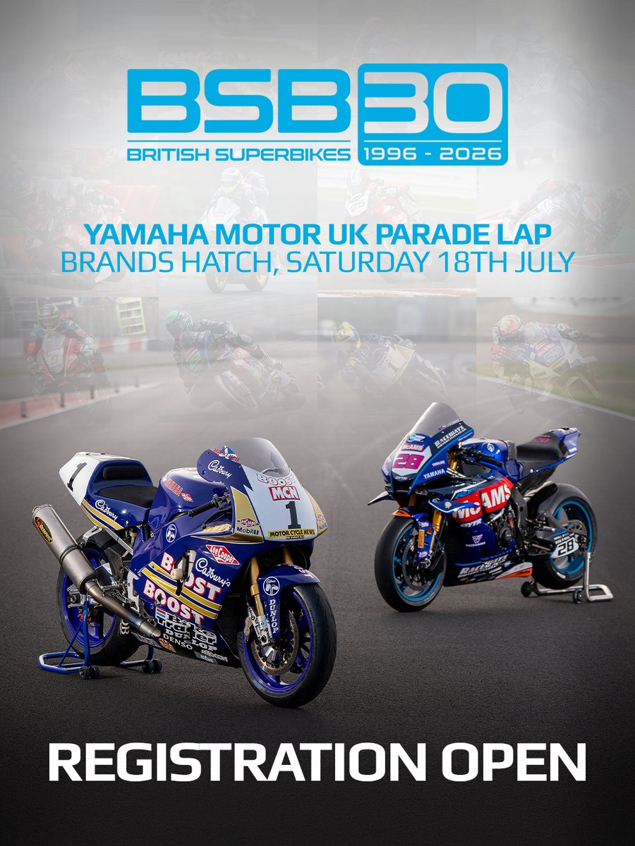 YamahaRacingUK's tweet photo. Ever wondered what it feels like to ride Brands Hatch? ​

Registrations are open for the Yamaha UK Parade Lap in conjunction with @OfficialBSB Round 5 - celebrating 30 years of BSB alongside race-winning Yamaha legends. Spots are limited, hit the links below to secure yours! 🔗 https://t.co/Dua77TezQJ