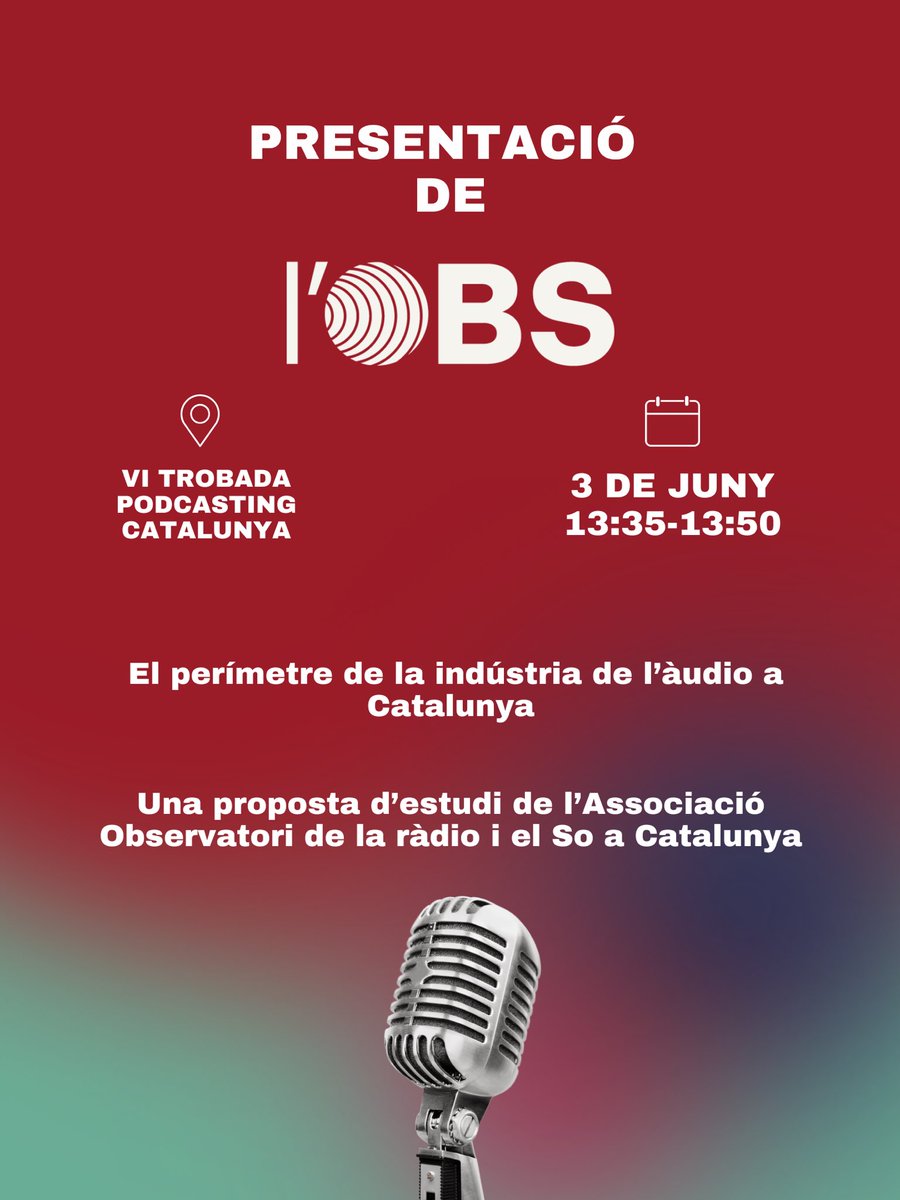 podcastingMAC's tweet photo. 🎙️ Presentación del estudio de L’OBS sobre el perímetro de la industria del audio en Catalunya: estructura, retos y oportunidades de futuro.

📍3 de junio | VI Trobada de Podcasting Catalunya https://t.co/FGGRk2RCx8