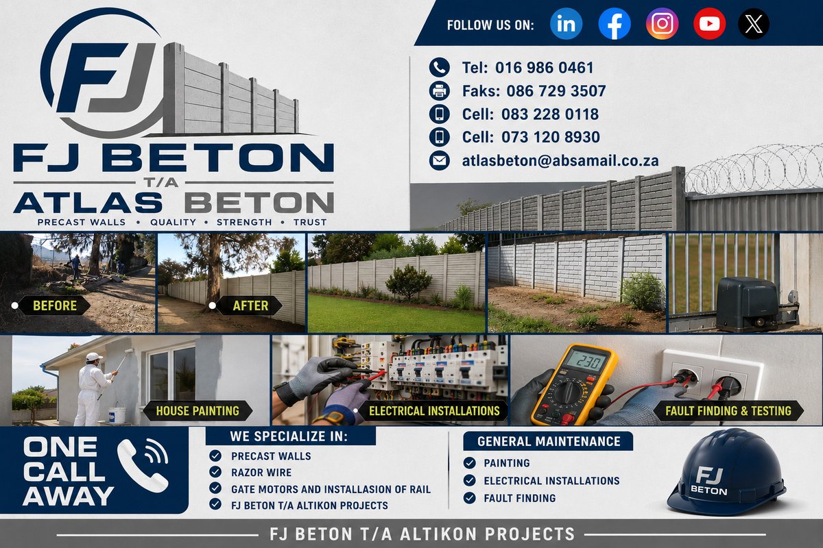 ADSONLINE123's tweet photo. FJ Beton T/A Atlas Beton
Just one call away

We Specialize in:

Precast Walls

Razor Wire

Gate Motors and Installation of Rail

FJ Beton T/A Altikon Projects

General Maintenance:
Painting

Electrical Installations

Fault Finding https://t.co/Mg9bLa191r