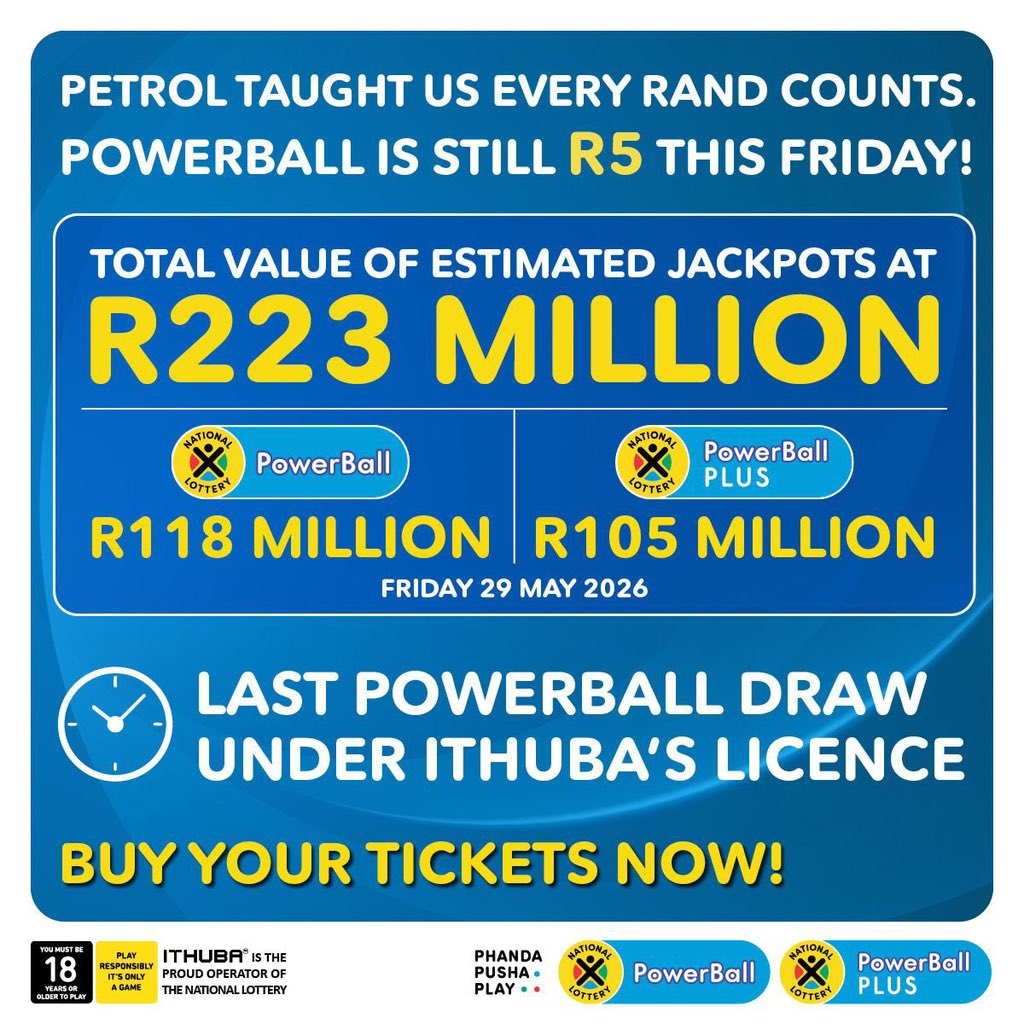 Tshepo_Baloyi_'s tweet photo. That R5 that’s in the piggy bank can change everything. 😌
Mzansi, every rand counts. This Friday is the last PowerBall draw at R5 a board. From next week it’s https://t.co/pukYGRYQxr for an estimated R223 MILLION total — R118
MILLION PowerBall + R105 MILLION PowerBall https://t.co/At3kOwjQb1 in-store, banking app, Mobile App or https://t.co/N2UiIl397L #LastR5PowerBall
#MakeYourR5Count #R223Million #ad