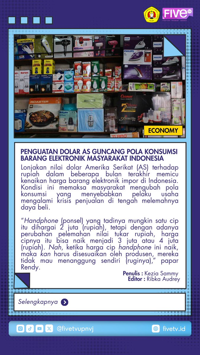 fivetvupnvj's tweet photo. [Penguatan Dolar AS Guncang Pola Konsumsi Barang Elektronik Masyarakat Indonesia] 

Baca Selengkapnya🔽
https://t.co/ml2n1sqq81 https://t.co/tPlkz7PpXl