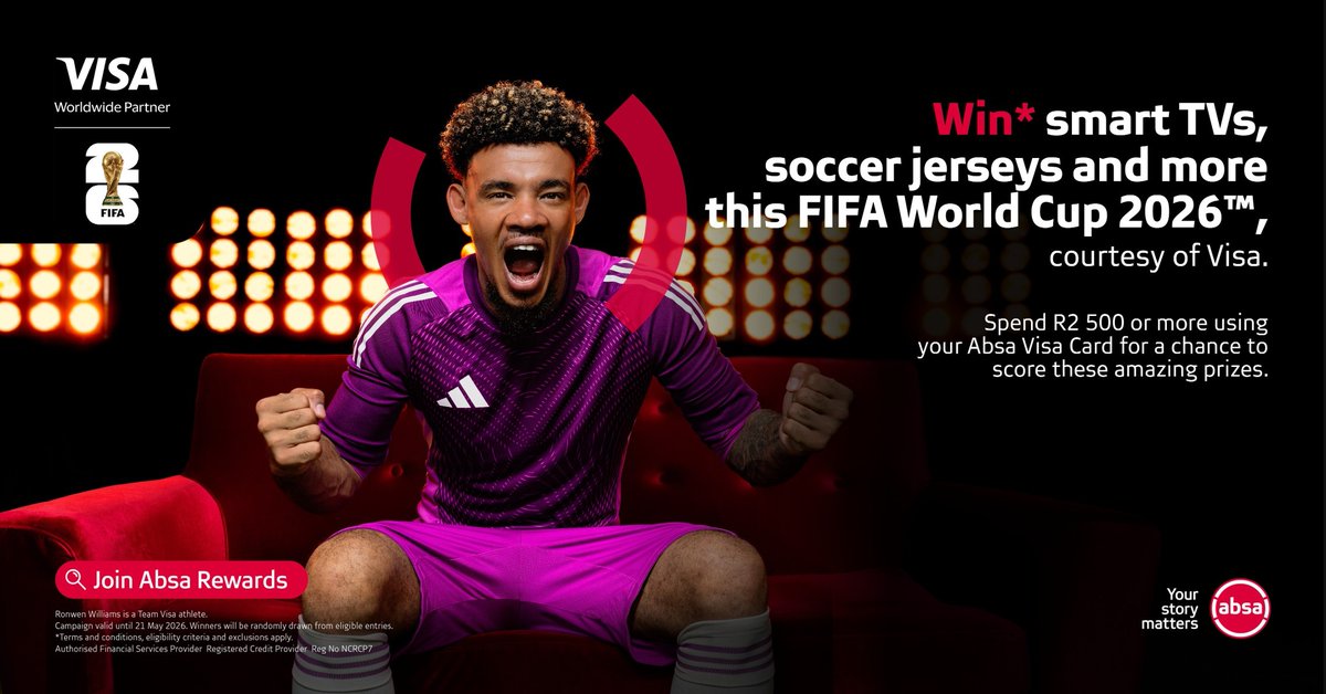 AbsaSouthAfrica's tweet photo. Spend R2 500 or more with your Absa Visa card, and you could win amazing prizes. Ts&amp;Cs apply.