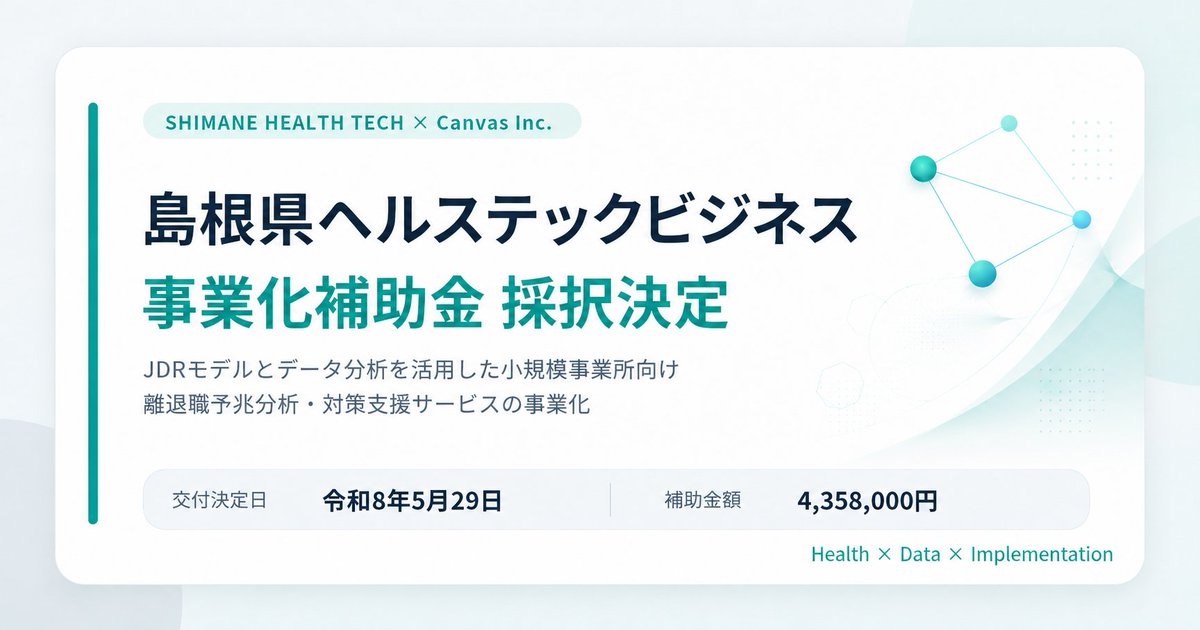 motohiro_'s tweet photo. 【皆様へのご報告】

このたび、株式会社Canvasは「島根県ヘルステックビジネス事業化補助金」に事業採択をいただきました。

今回は、JD-Rモデルとデータ分析を活用し、小規模事業所における離退職の予兆を可視化し、早期の対策につなげるサービスの事業化に取り組みます。

地域の中小企業では、人材不足が深刻化する中で、従業員一人ひとりの不調や離職が、企業経営に大きな影響を与えます。一方で、小規模事業所ほど、専門的な人事・労務・産業保健体制を十分に整えることが難しい現状もあります。

私たちは、これまで健康経営支援や職業病予防の実践を通じて培ってきた知見に、データ分析の力を掛け合わせることで、働く人の不調や離職リスクを早期に捉え、企業が適切な支援を行える仕組みづくりを進めていきます。

これは単なるITサービスの開発ではなく、地域企業の持続可能性を高め、働く人が安心して力を発揮できる社会基盤をつくる取り組みです。

さらには弊社のアセット（全国50エリア以上の事業提供ネットワーク、研究体制など）を掛け合わせることで近い将来、日本全国の課題解決に踏み込む予定です。

島根から、ヘルスケアとデータを活用した新しい中小企業支援モデルを社会実装していきます。

引き続き弊社をどうぞよろしくお願いいたします。