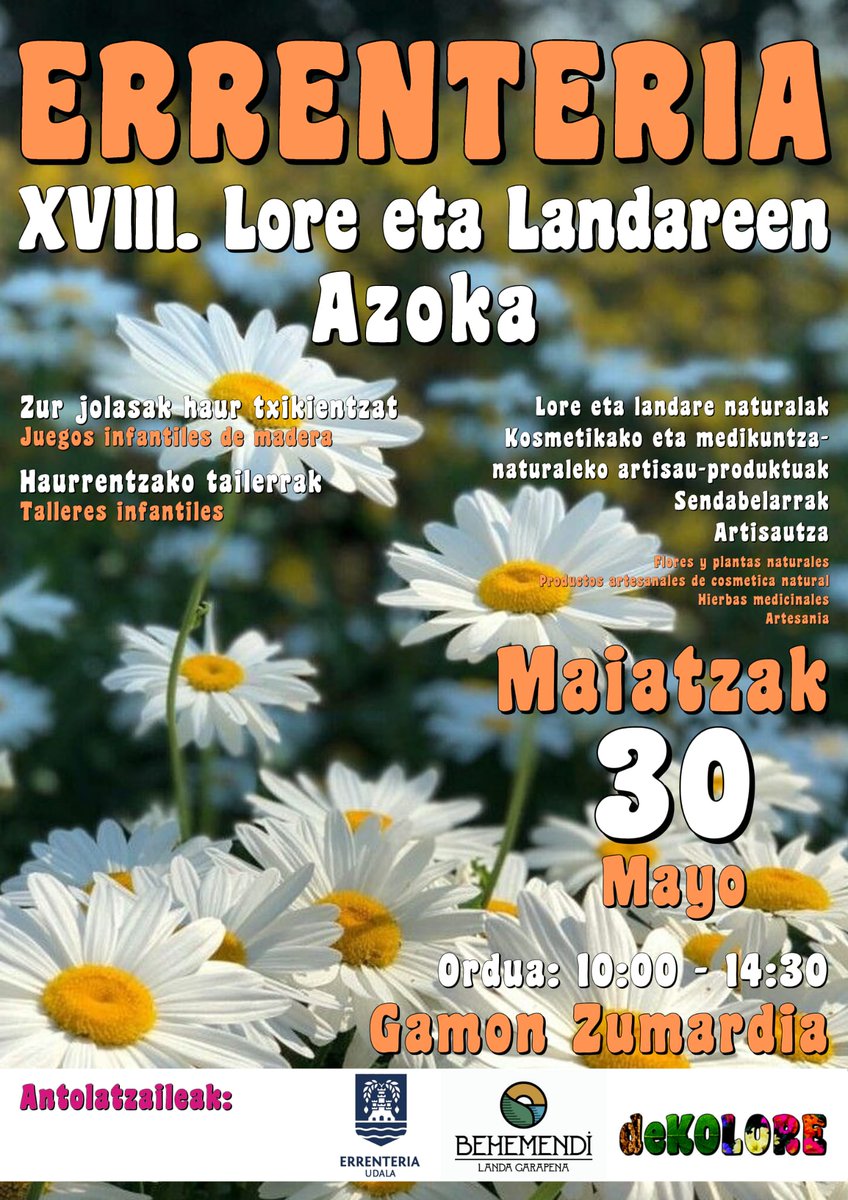 behemendi's tweet photo. Errenteriako XVIII. Lore eta Landareen Azoka Berezia
Bihar, maiatzaren 30ean, Gamon Zumardia lore eta landare mota askoren erakustoki paregabe bihurtuko da; goizeko 10:00etatik 14:30era egongo da zabalik.
Haurrentzako jolasak eta tailer bereziak izango dira. https://t.co/lld1IbdjI5