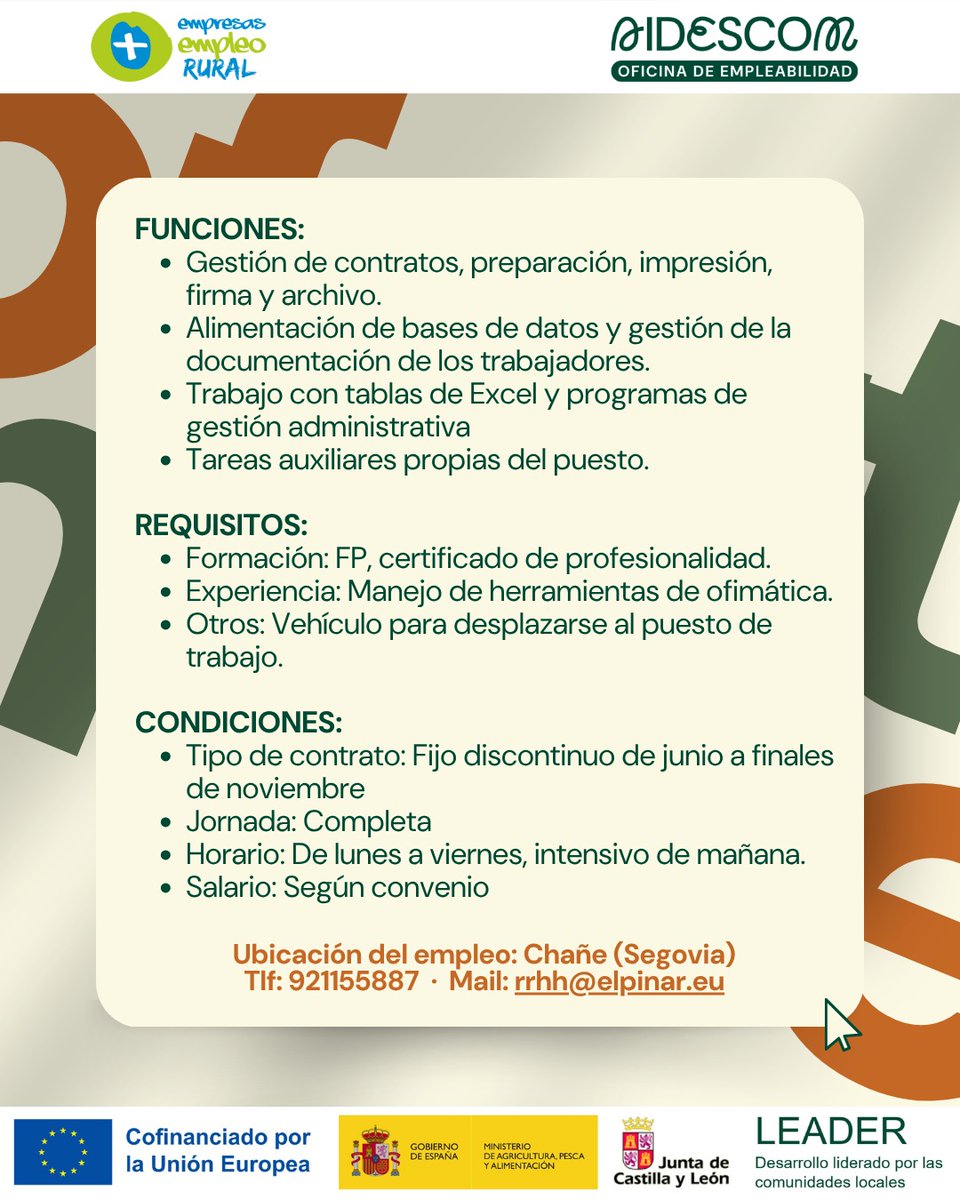 aidescom's tweet photo. Nueva oferta de empleo ‼️

🗣 Desde El Pinar buscan Auxiliar Administrativo Laboral en Chañe📍 

Todos los detalles de la oferta en las imágenes 🙌🏻

Tanto si eres un demandante de empleo como si necesitas personal para cubrir puestos vacantes... ¡Contáctanos y te ayudamos! 📞 https://t.co/GdeX7kuSVW