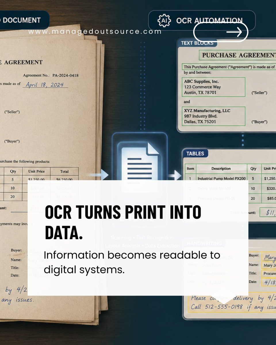 MOS_Operations's tweet photo. Printed documents often contain valuable information that digital systems cannot access. OCR automation solutions at MOS convert them into searchable content so archived records become operational assets.

#OCRAutomation #DataExtraction #OperationsExcellence https://t.co/ElBEt3yvy3